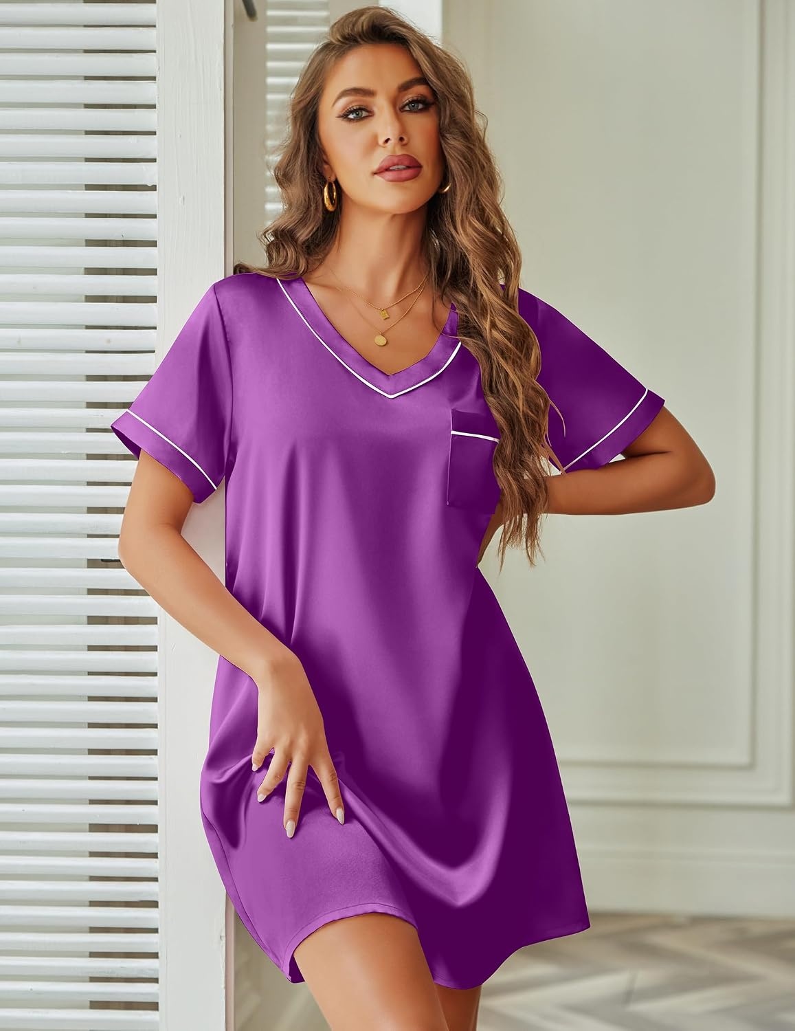 image:imageEkouaer Satin Nightgowns for Women Silk Sleep Shirts V Neck T Shirt DressPurple