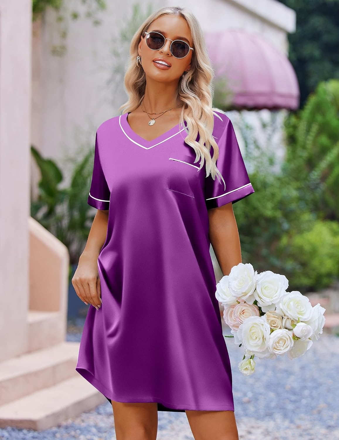 image:imageEkouaer Satin Nightgowns for Women Silk Sleep Shirts V Neck T Shirt DressPurple