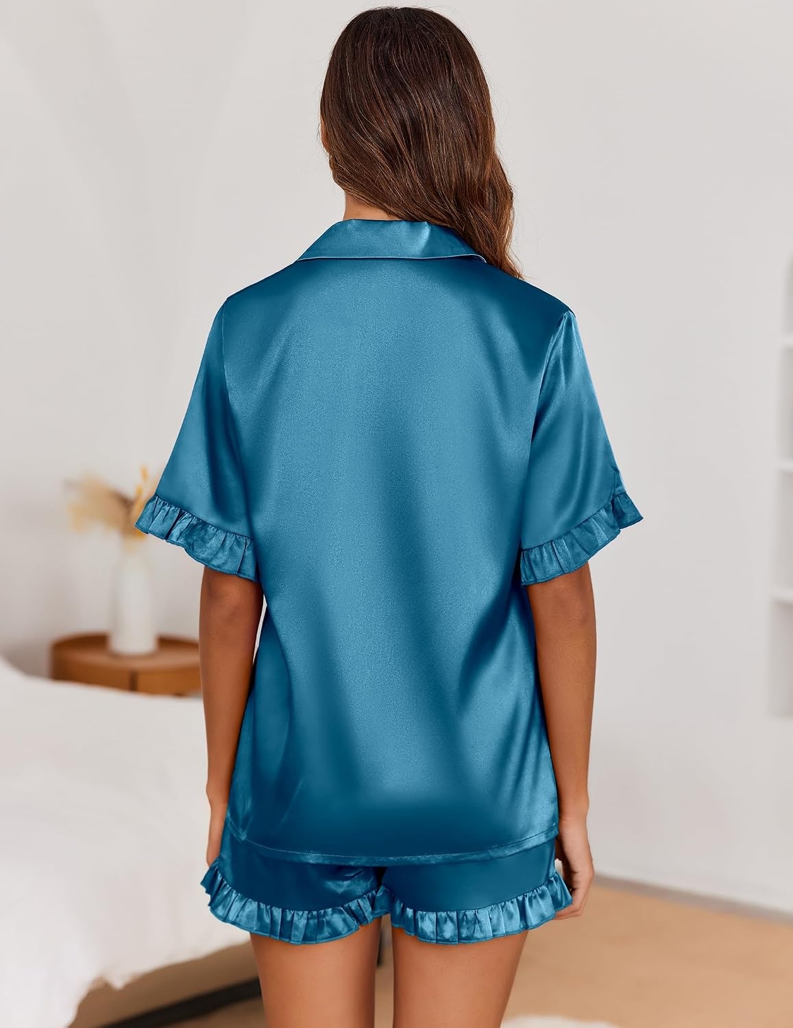 image:imageEkouaer Satin Pajama Set for Women 2 Piece Pj Sets Short Sleeve SleepwearDark Blue