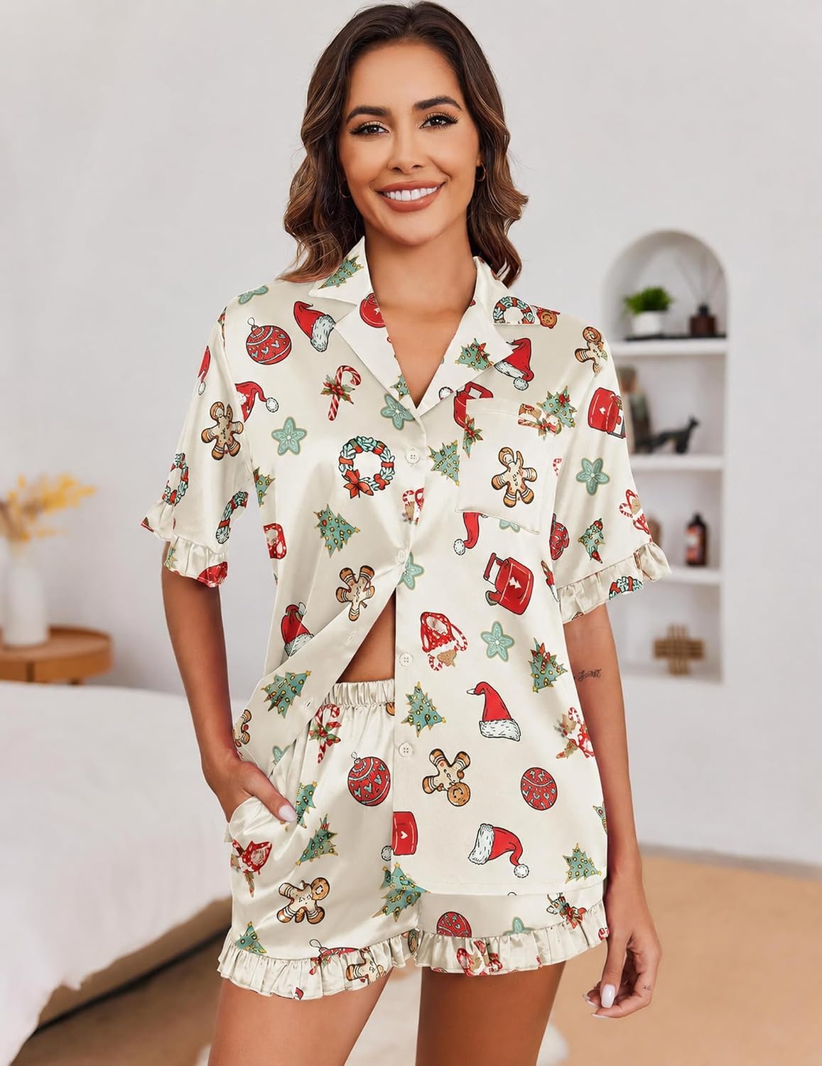 image:imageEkouaer Satin Pajama Set for Women 2 Piece Pj Sets Short Sleeve SleepwearLight ApricotCandy Cane