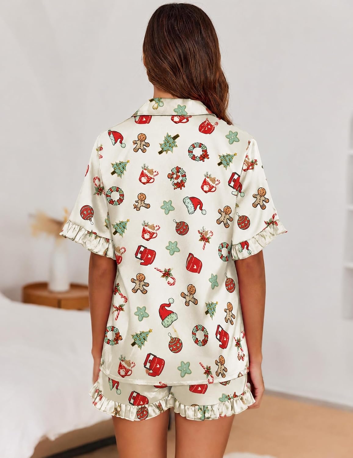 image:imageEkouaer Satin Pajama Set for Women 2 Piece Pj Sets Short Sleeve SleepwearLight ApricotCandy Cane