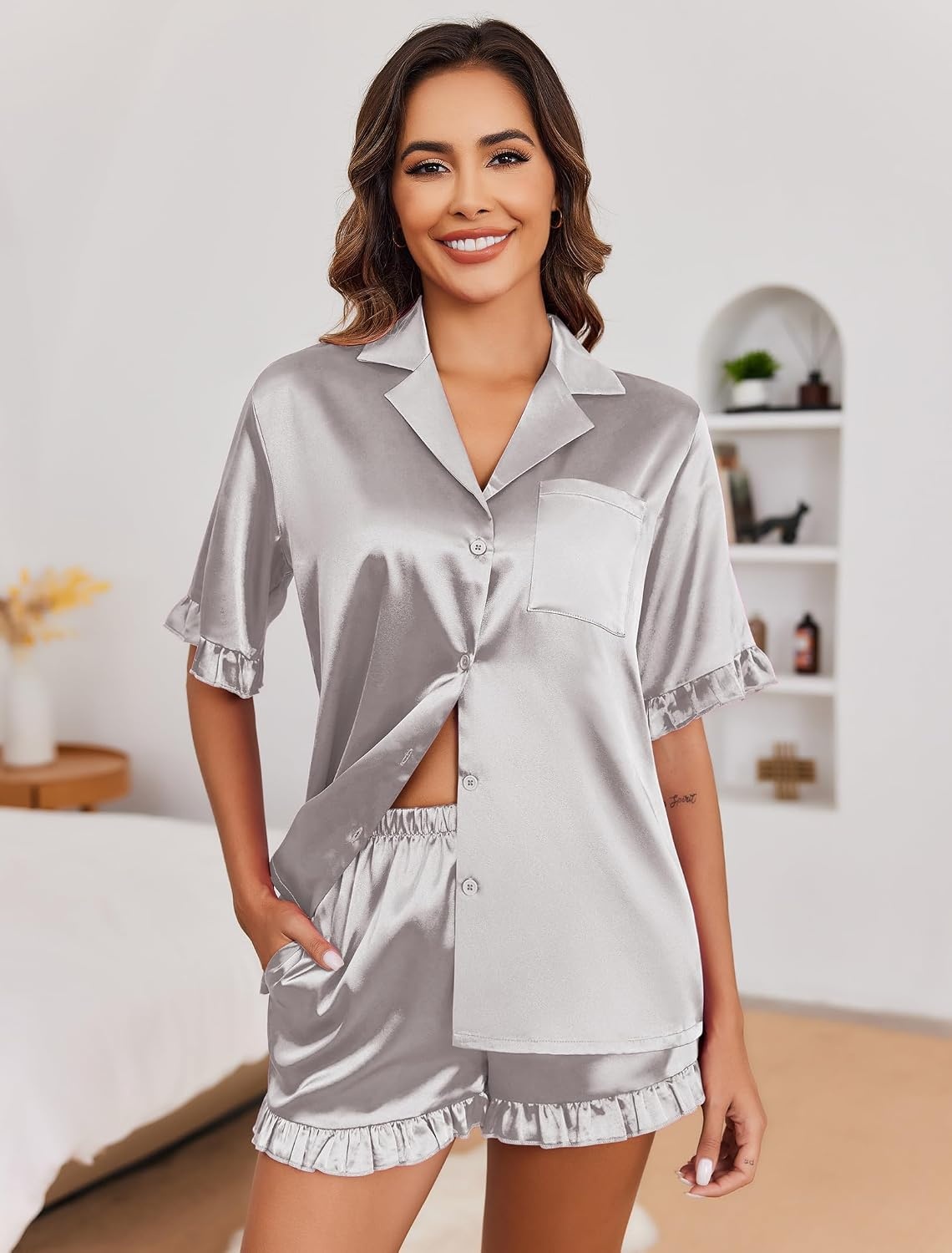 image:imageEkouaer Satin Pajama Set for Women 2 Piece Pj Sets Short Sleeve SleepwearLight Grey