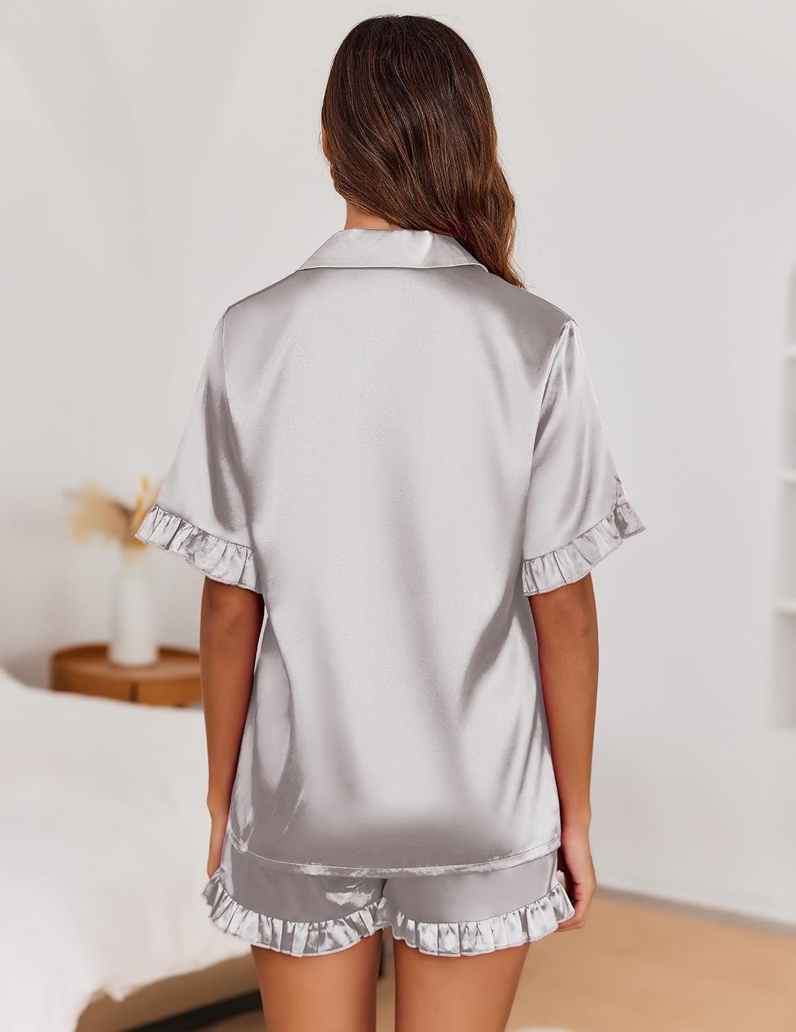 image:imageEkouaer Satin Pajama Set for Women 2 Piece Pj Sets Short Sleeve SleepwearLight Grey