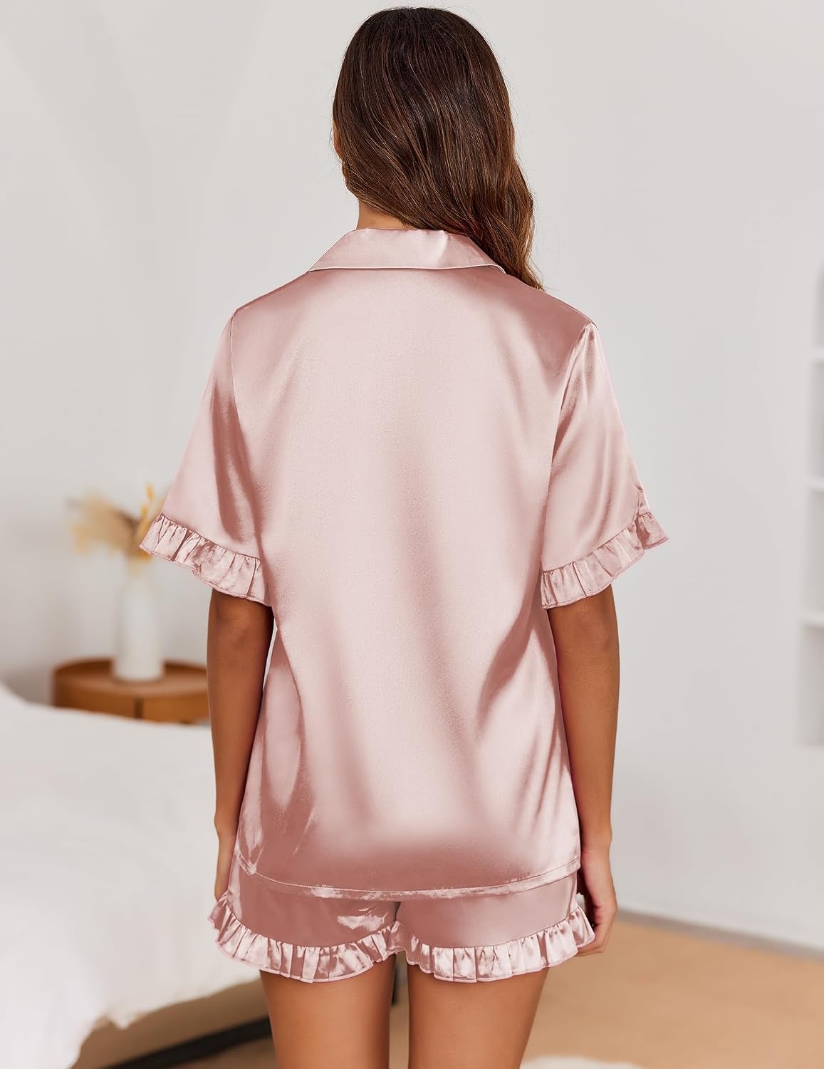 image:imageEkouaer Satin Pajama Set for Women 2 Piece Pj Sets Short Sleeve SleepwearLotus Pink