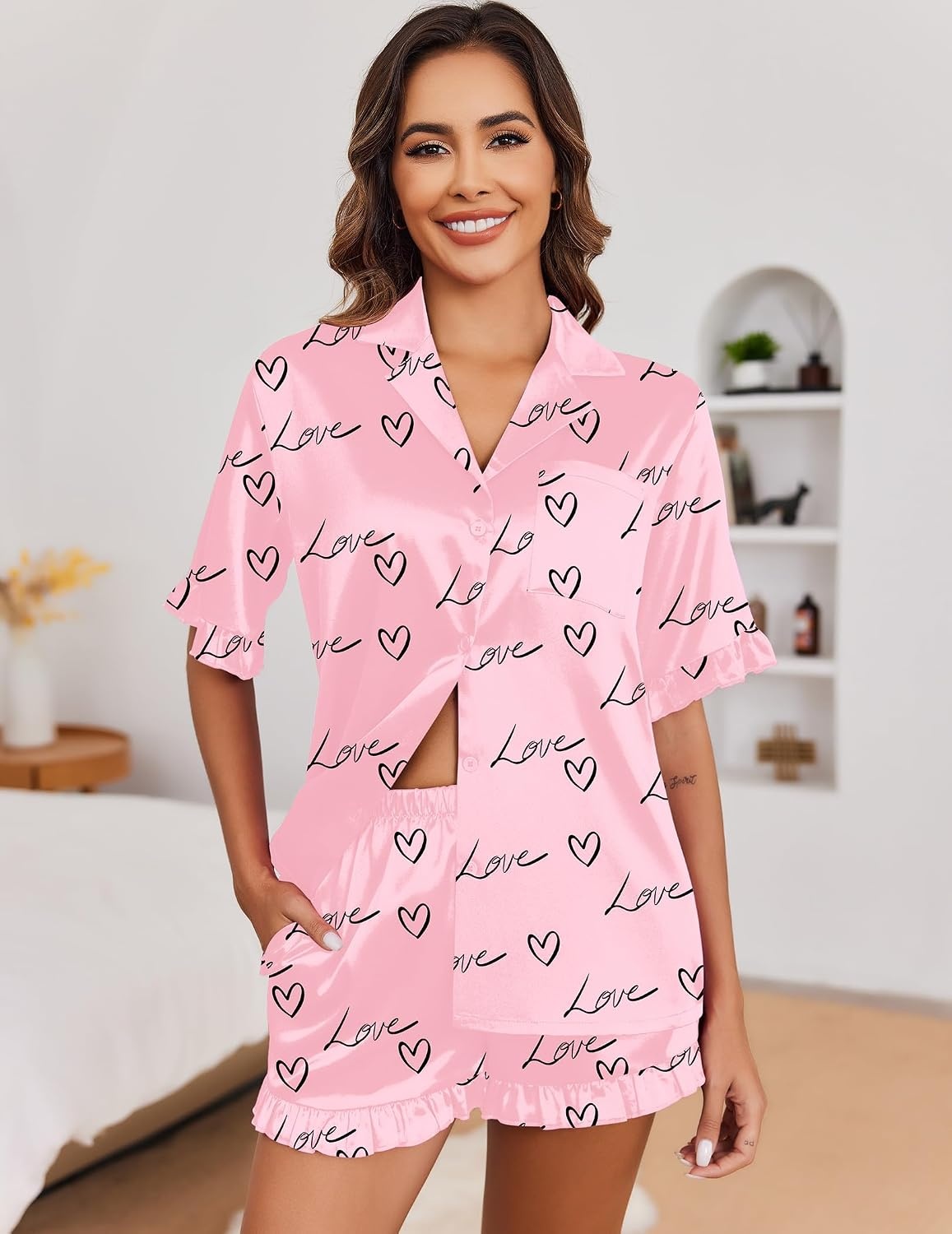 image:imageEkouaer Satin Pajama Set for Women 2 Piece Pj Sets Short Sleeve SleepwearPink Love