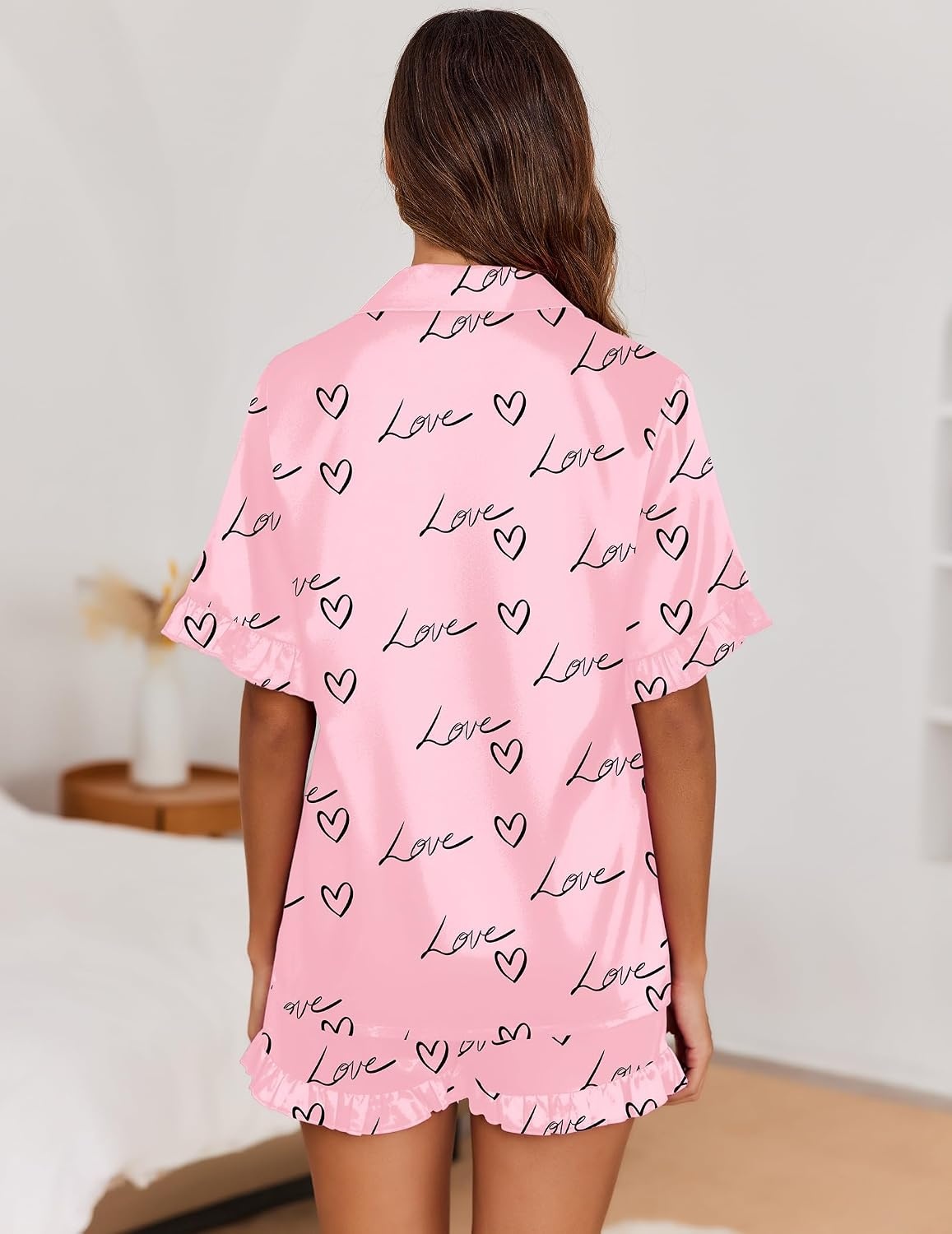 image:imageEkouaer Satin Pajama Set for Women 2 Piece Pj Sets Short Sleeve SleepwearPink Love