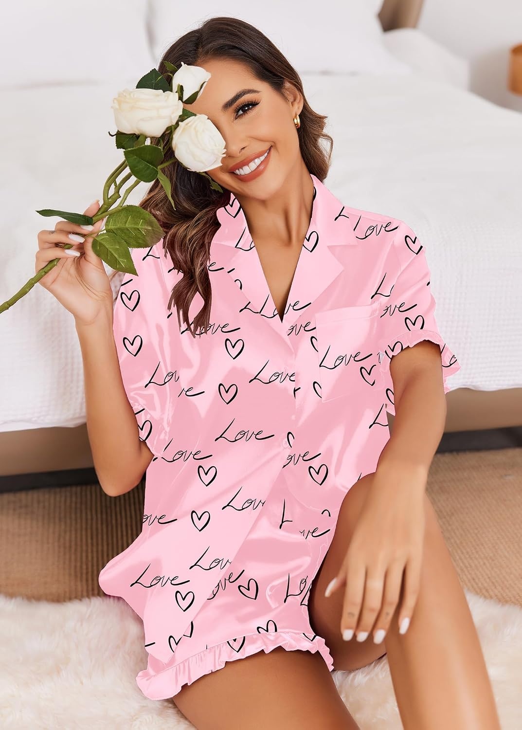 image:imageEkouaer Satin Pajama Set for Women 2 Piece Pj Sets Short Sleeve SleepwearPink Love