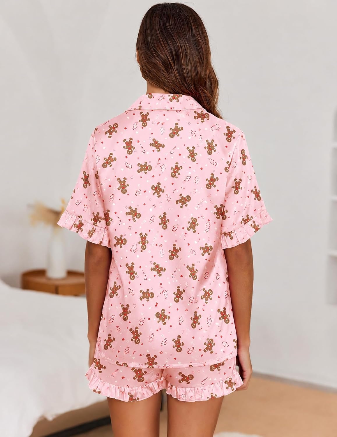 image:imageEkouaer Satin Pajama Set for Women 2 Piece Pj Sets Short Sleeve SleepwearPinkCookie Man