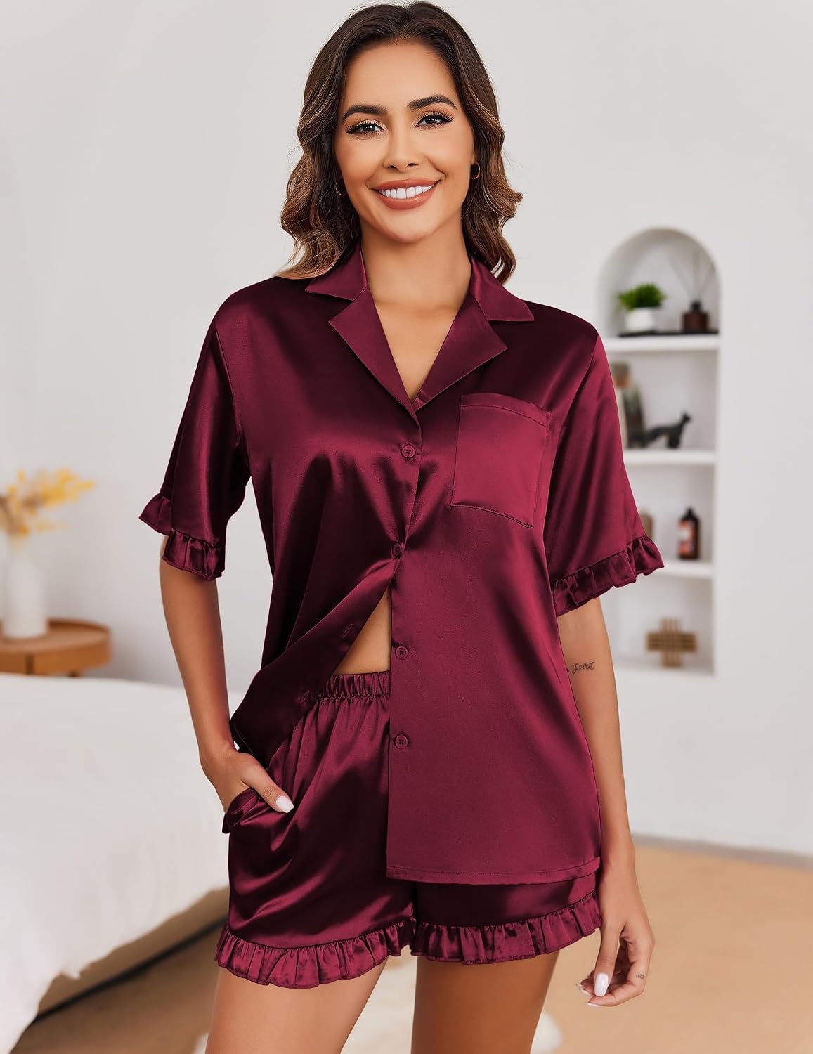 image:imageEkouaer Satin Pajama Set for Women 2 Piece Pj Sets Short Sleeve SleepwearRed