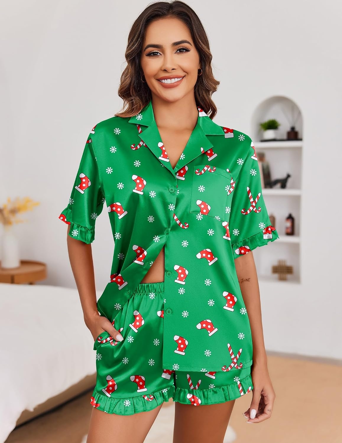 image:imageEkouaer Satin Pajama Set for Women 2 Piece Pj Sets Short Sleeve SleepwearZchristmas Green