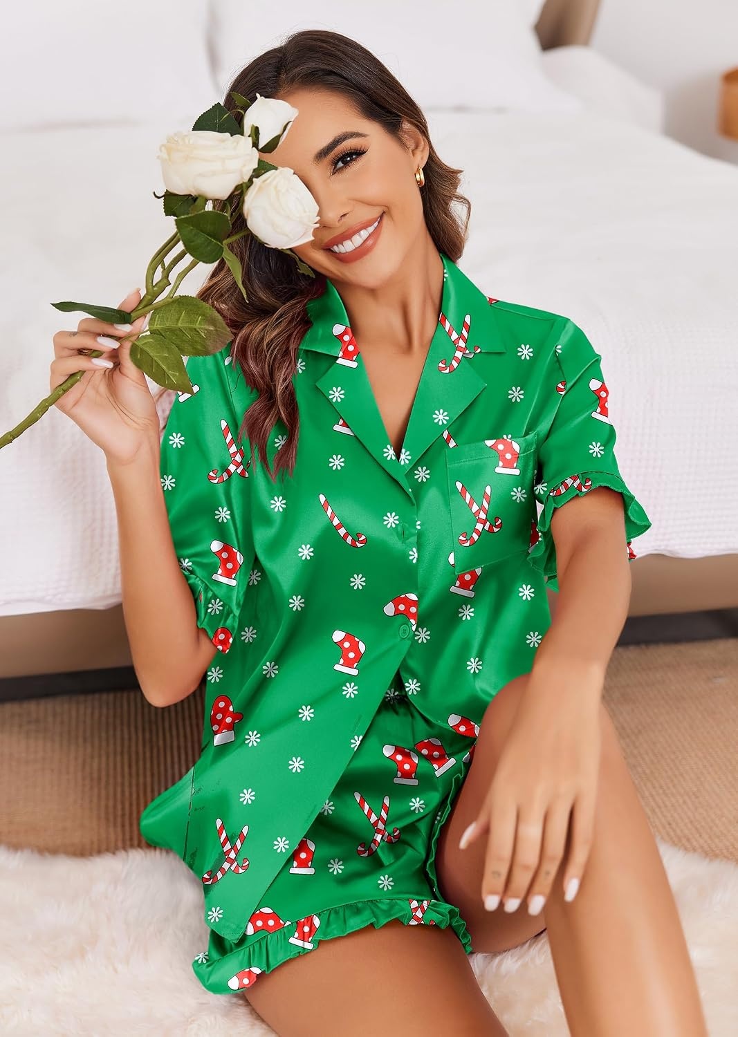 image:imageEkouaer Satin Pajama Set for Women 2 Piece Pj Sets Short Sleeve SleepwearZchristmas Green