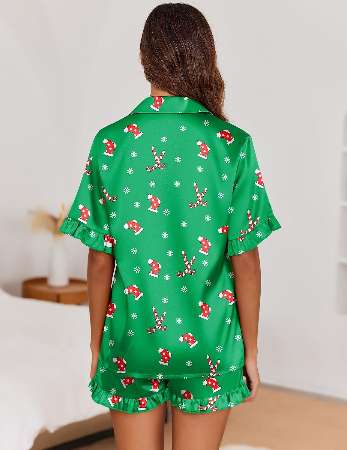 image:imageEkouaer Satin Pajama Set for Women 2 Piece Pj Sets Short Sleeve SleepwearZchristmas Green