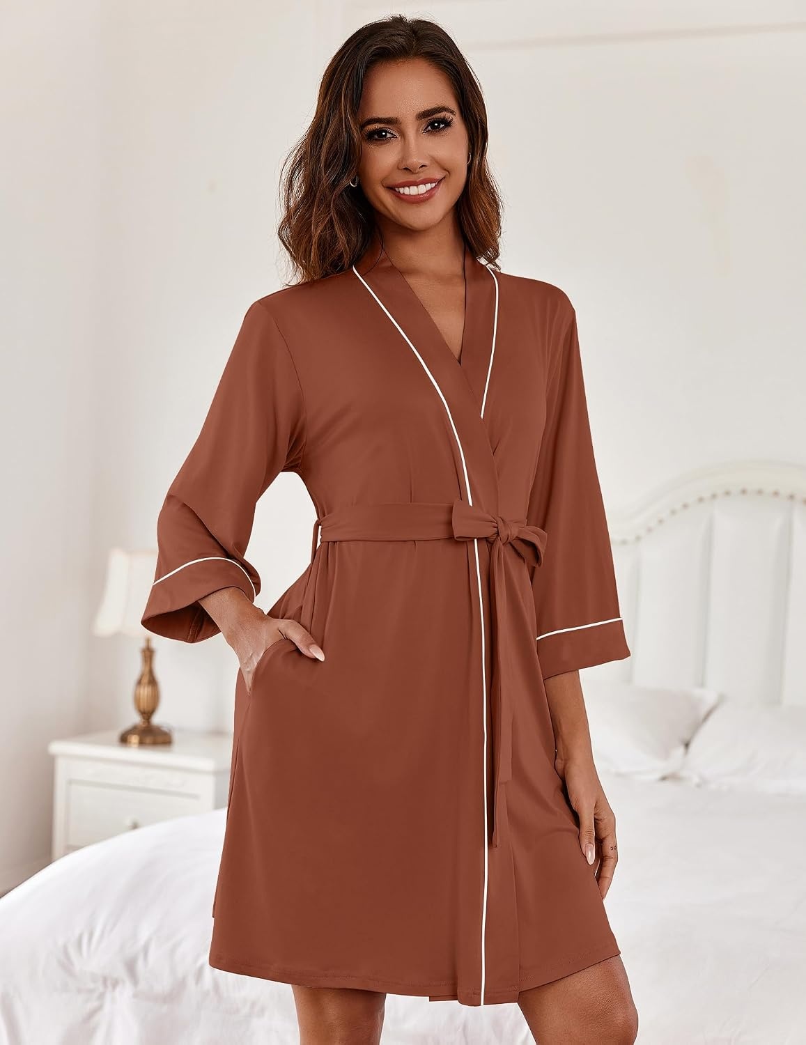 image:imageEkouaer Women Robes Knee Length Kimono Bathrobe Lightweight Soft SleepwearCaramel