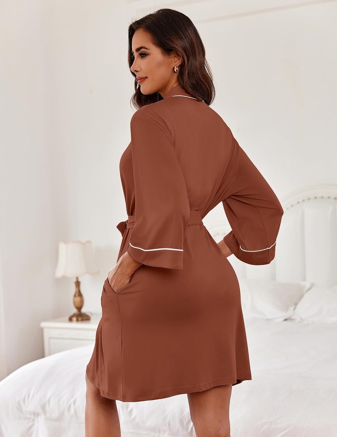 image:imageEkouaer Women Robes Knee Length Kimono Bathrobe Lightweight Soft SleepwearCaramel