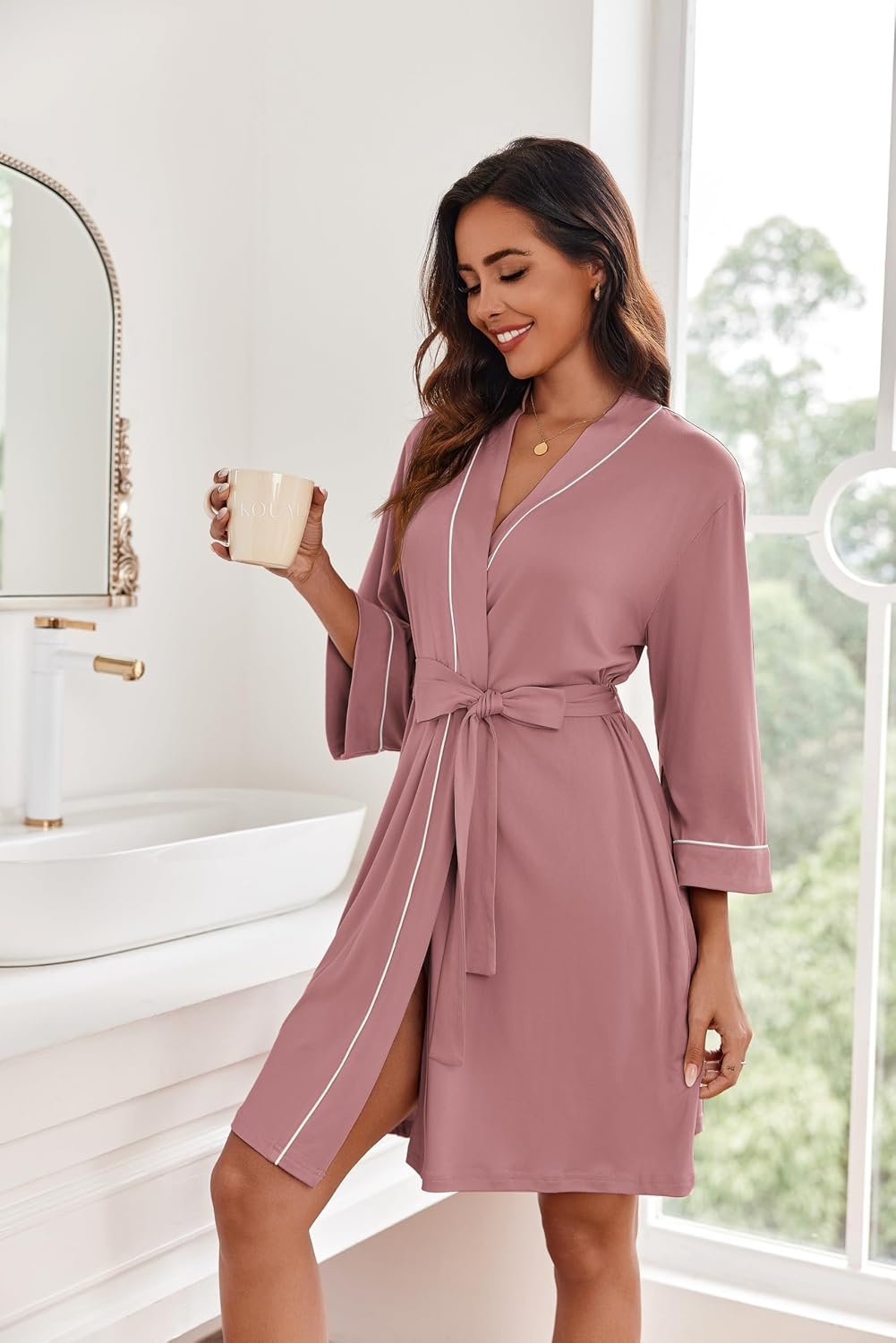 image:imageEkouaer Women Robes Knee Length Kimono Bathrobe Lightweight Soft SleepwearGray Purple