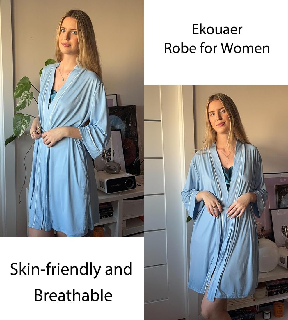 image:imageEkouaer Women Robes Knee Length Kimono Bathrobe Lightweight Soft SleepwearLight Blue