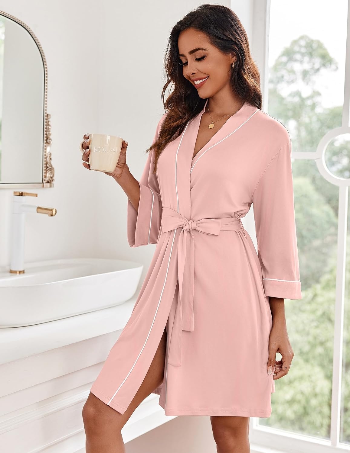 image:imageEkouaer Women Robes Knee Length Kimono Bathrobe Lightweight Soft SleepwearLight Pink