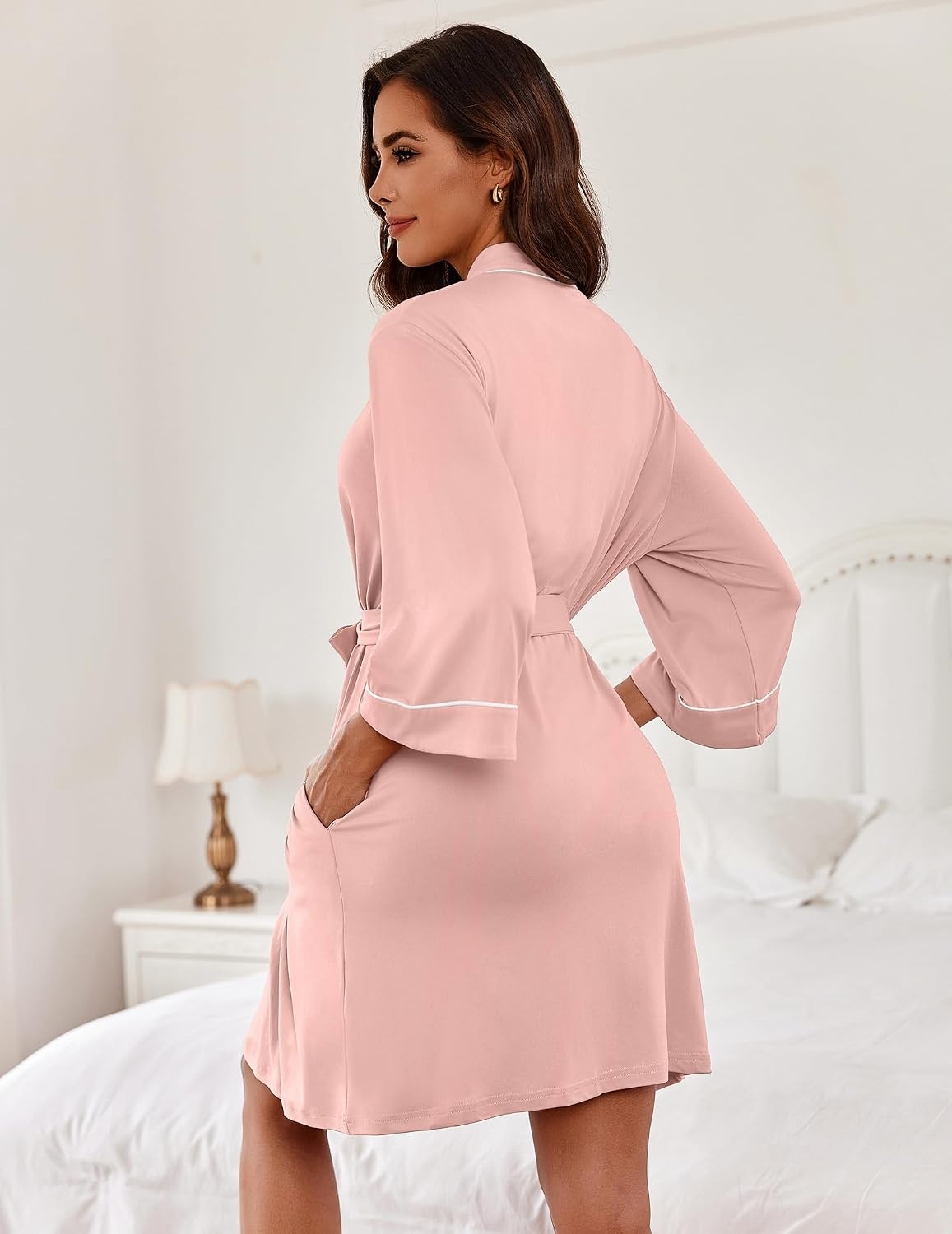 image:imageEkouaer Women Robes Knee Length Kimono Bathrobe Lightweight Soft SleepwearLight Pink