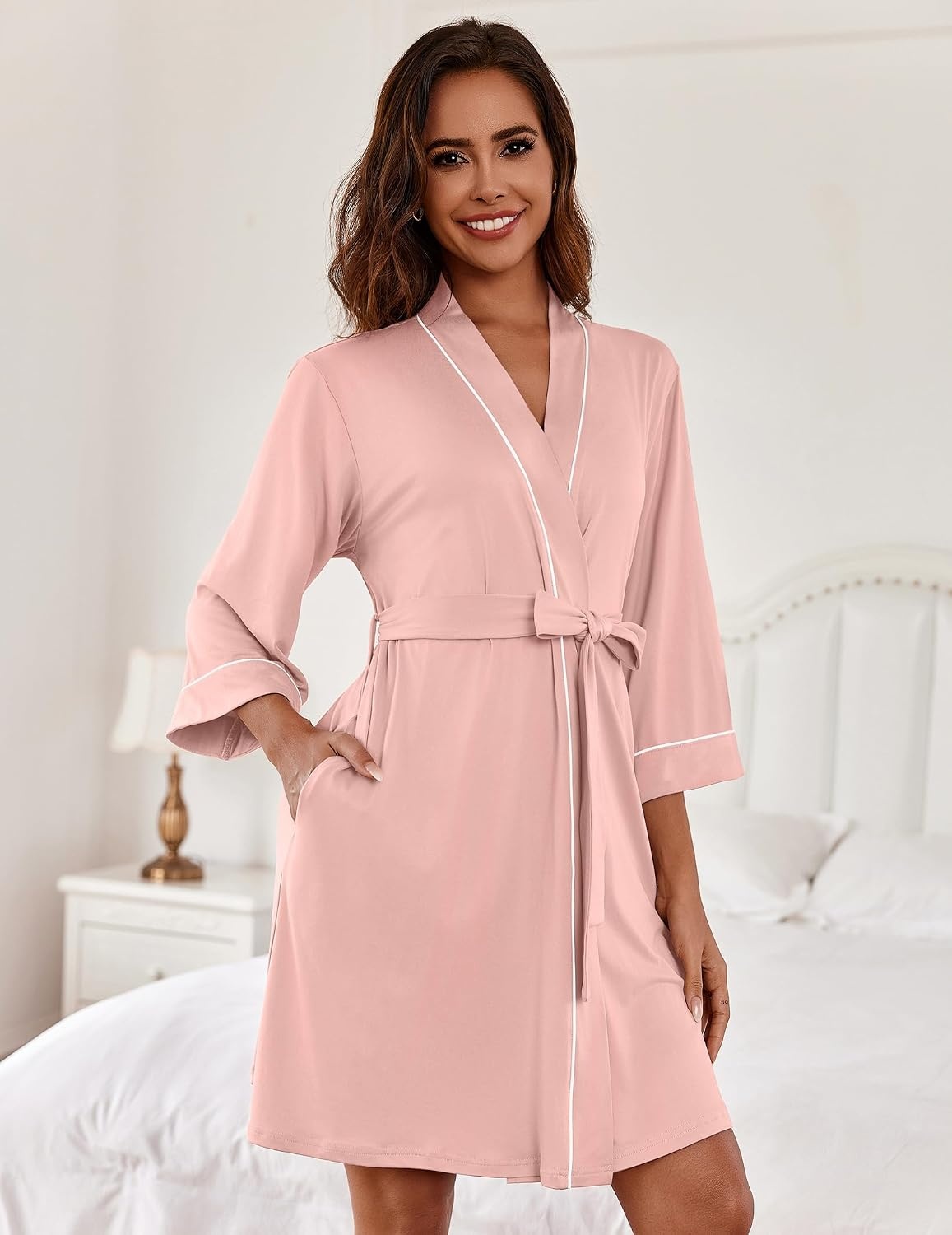 image:imageEkouaer Women Robes Knee Length Kimono Bathrobe Lightweight Soft SleepwearLight Pink