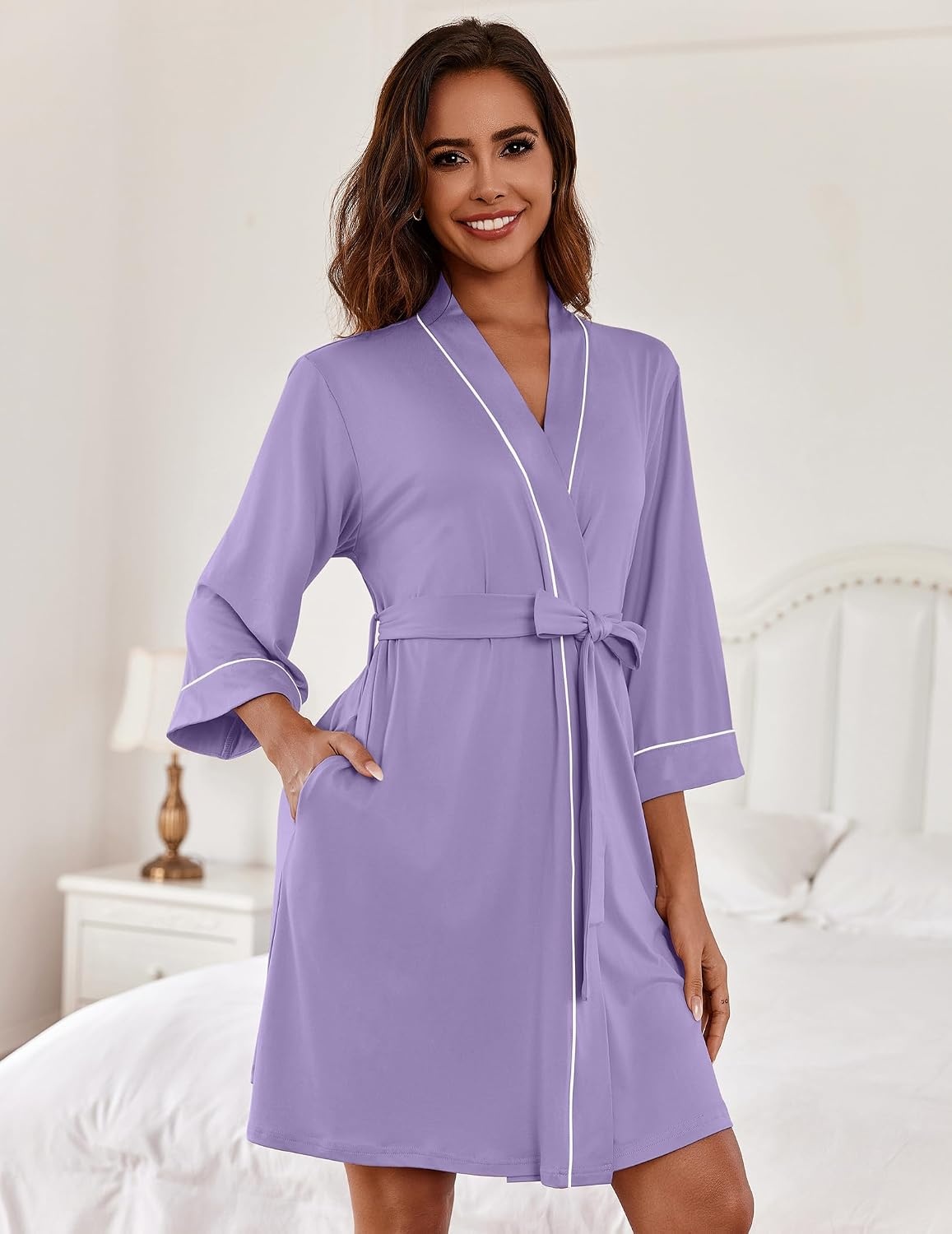 image:imageEkouaer Women Robes Knee Length Kimono Bathrobe Lightweight Soft SleepwearLight Purple