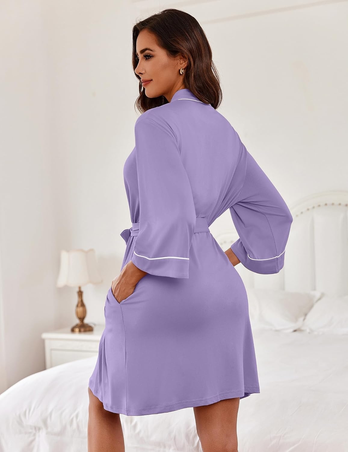image:imageEkouaer Women Robes Knee Length Kimono Bathrobe Lightweight Soft SleepwearLight Purple