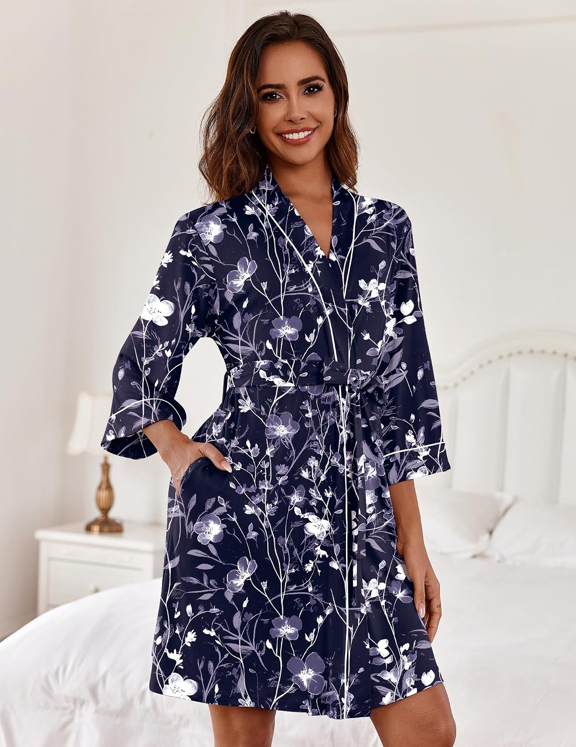 image:imageEkouaer Women Robes Knee Length Kimono Bathrobe Lightweight Soft SleepwearNavy Blue White Floral