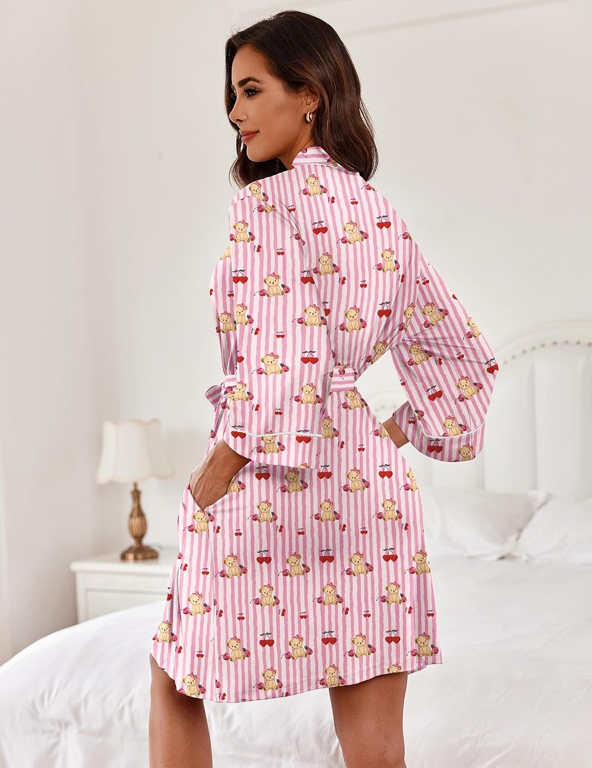 image:imageEkouaer Women Robes Knee Length Kimono Bathrobe Lightweight Soft SleepwearPink Striped Teddy Bear