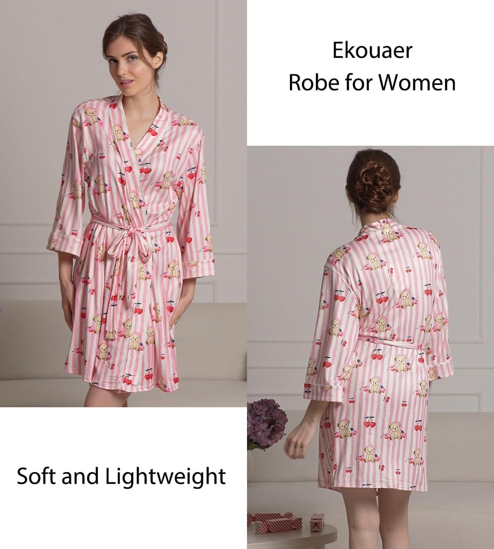 image:imageEkouaer Women Robes Knee Length Kimono Bathrobe Lightweight Soft SleepwearPink Striped Teddy Bear