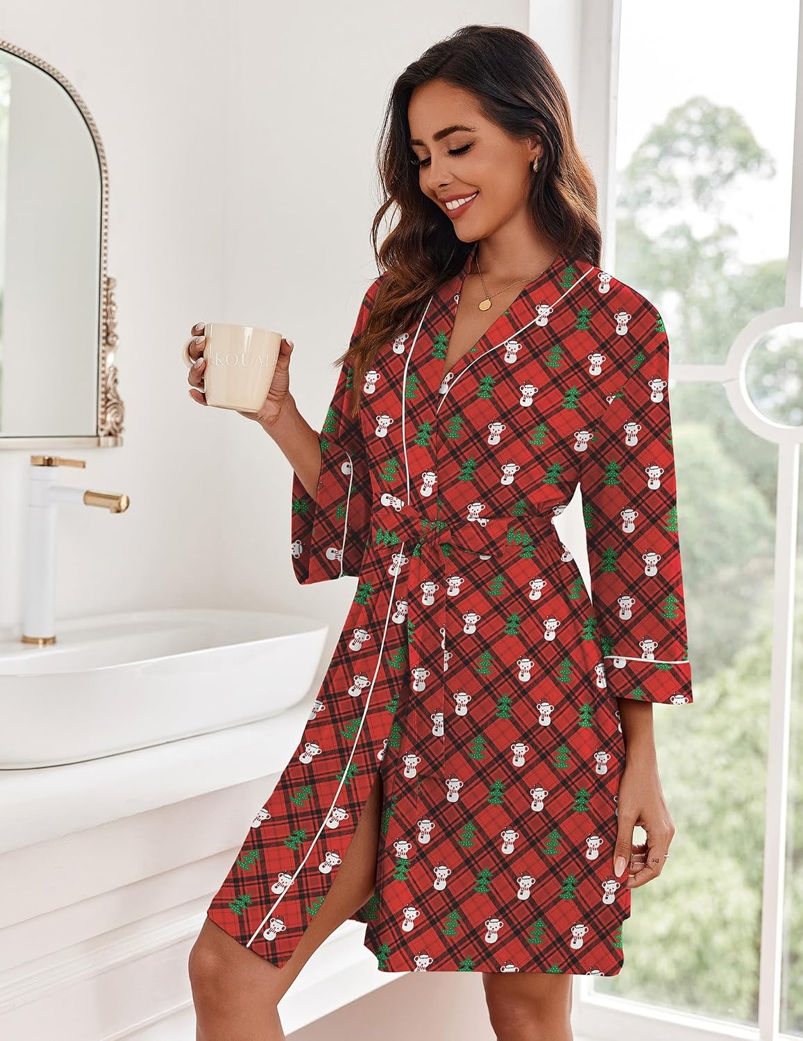 image:imageEkouaer Women Robes Knee Length Kimono Bathrobe Lightweight Soft SleepwearRed Plaid Teddy Bear