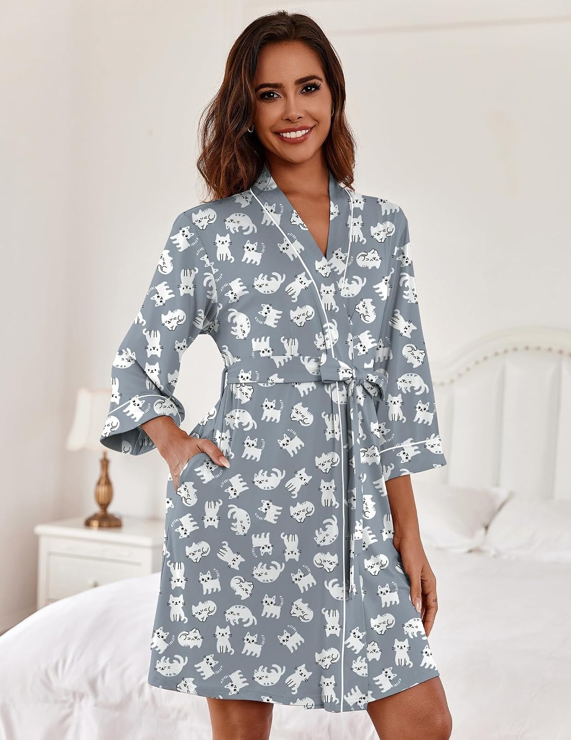 image:imageEkouaer Women Robes Knee Length Kimono Bathrobe Lightweight Soft SleepwearWhite Cat