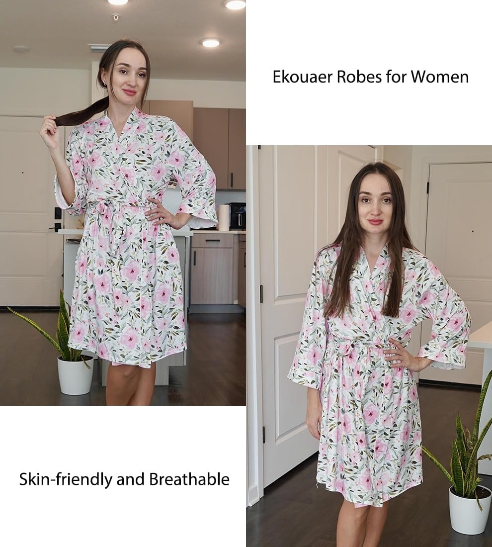 image:imageEkouaer Women Robes Knee Length Kimono Bathrobe Lightweight Soft SleepwearWhite Pink Floral