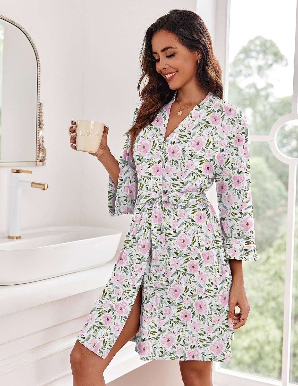 image:imageEkouaer Women Robes Knee Length Kimono Bathrobe Lightweight Soft SleepwearWhite Pink Floral