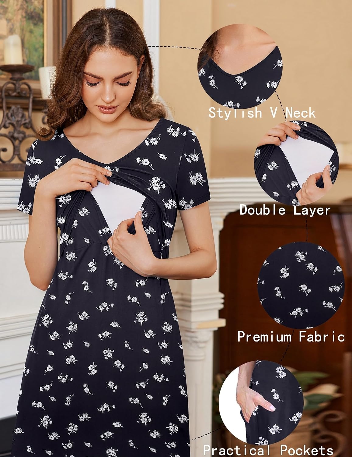 image:imageEkouaer Womens Nursing Dress Breastfeeding Summer V Neck Maternity DressesBlackfloralwhite