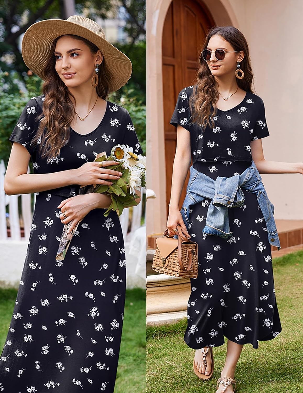 image:imageEkouaer Womens Nursing Dress Breastfeeding Summer V Neck Maternity DressesBlackfloralwhite