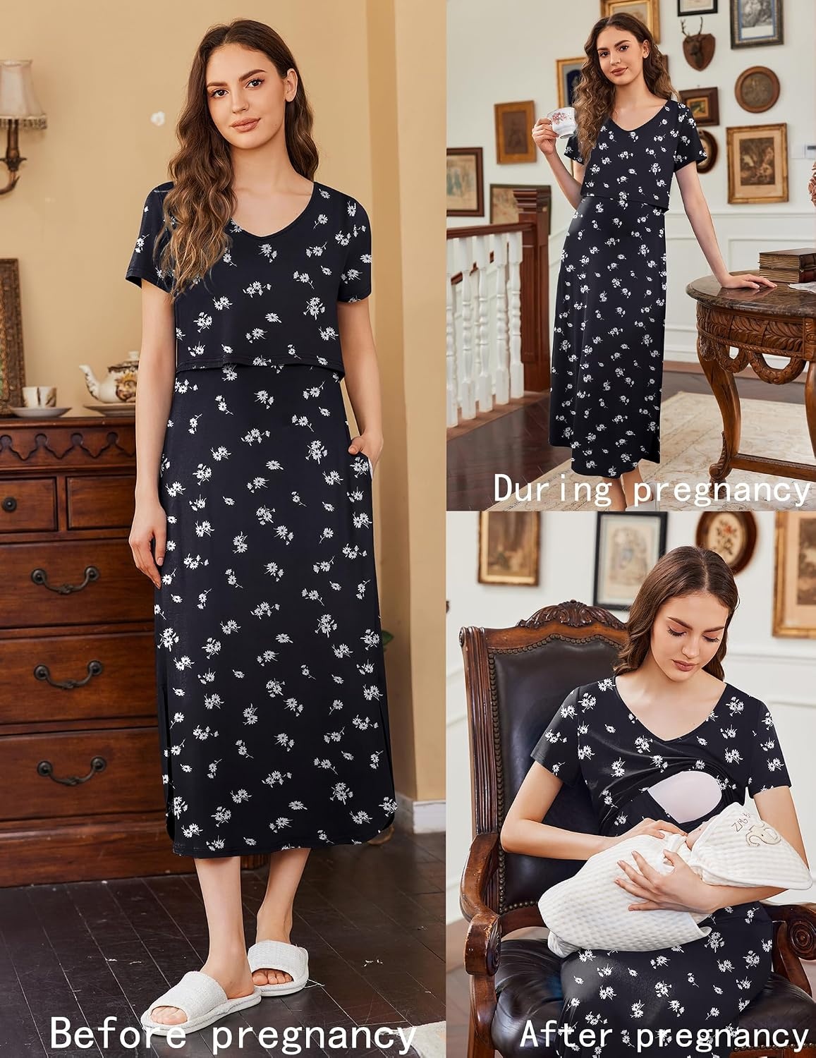 image:imageEkouaer Womens Nursing Dress Breastfeeding Summer V Neck Maternity DressesBlackfloralwhite