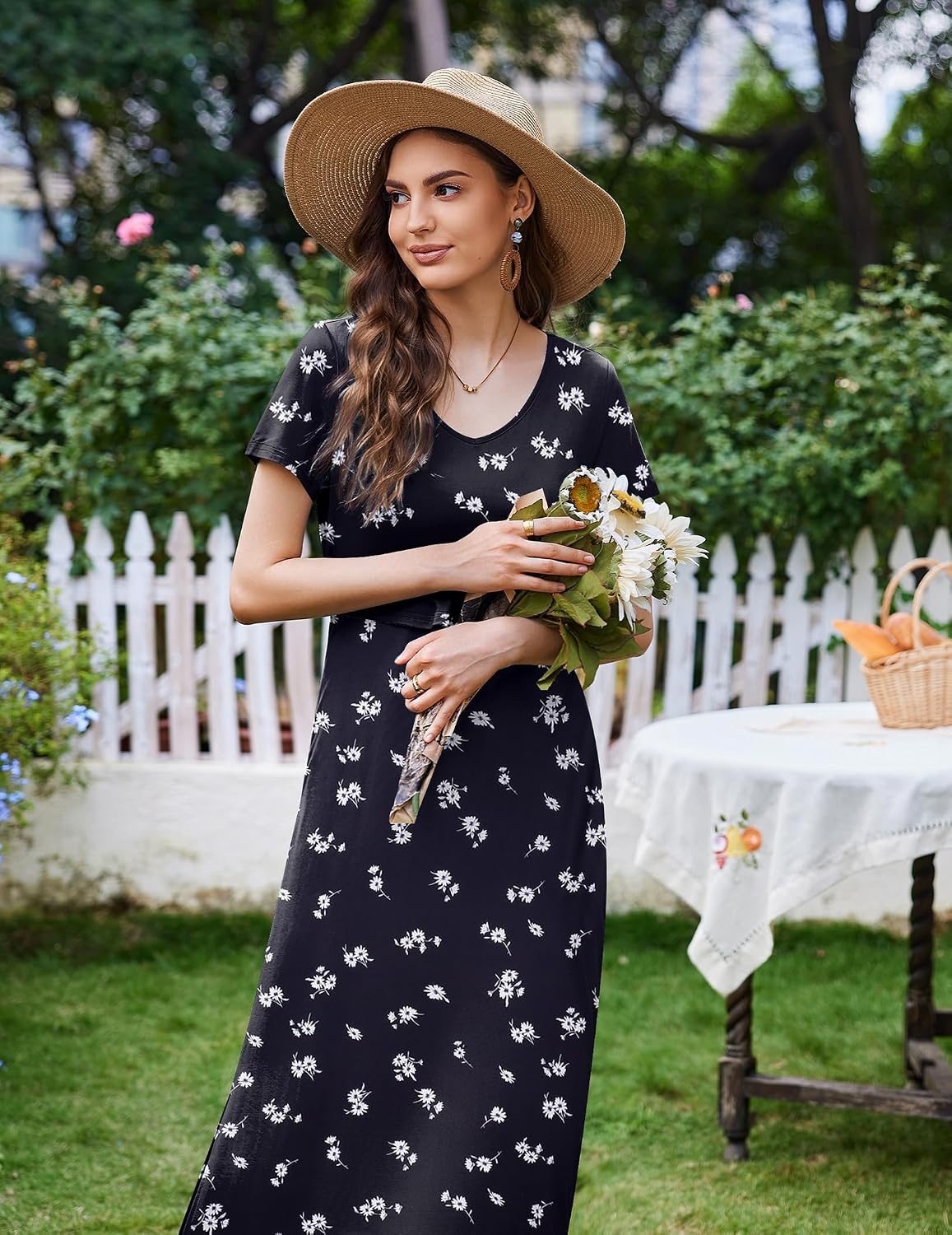 image:imageEkouaer Womens Nursing Dress Breastfeeding Summer V Neck Maternity DressesBlackfloralwhite