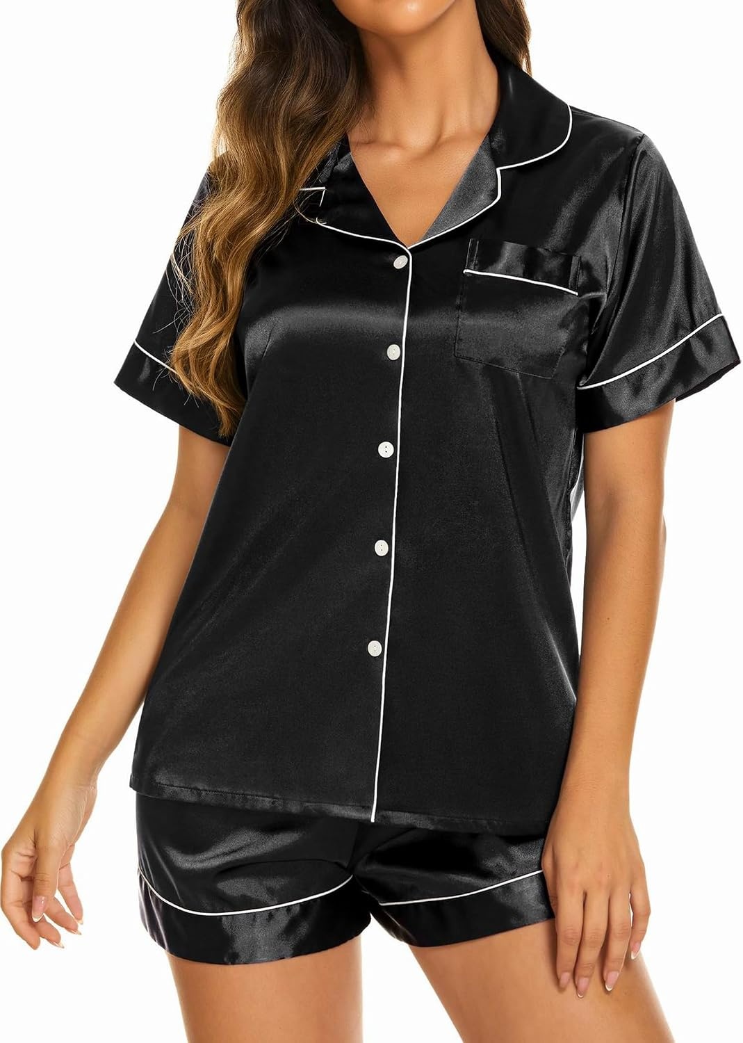 image:imageEkouaer Womens Pajamas Silk Satin Short Sleeve Button Down Pjs Shorts SetBlack