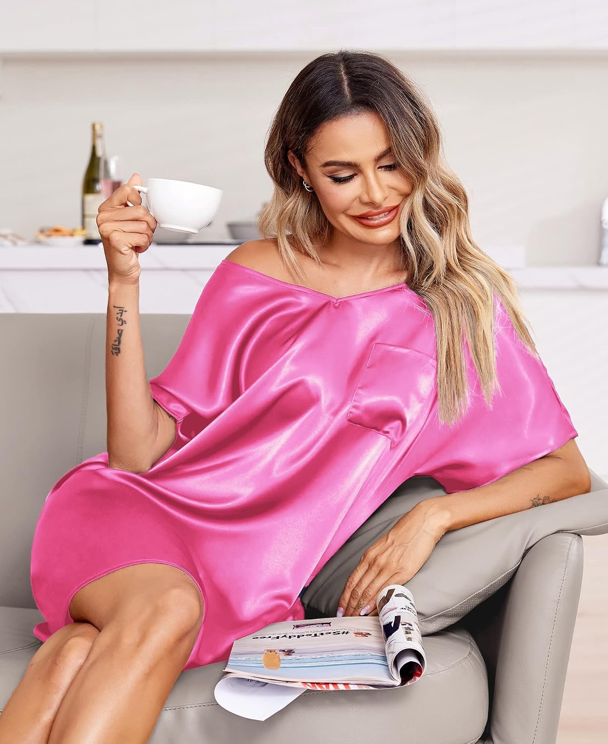 image:imageEkouaer Womens Satin Nightgowns V Neck Sleepshirt Short Sleeve NightshirtsRose