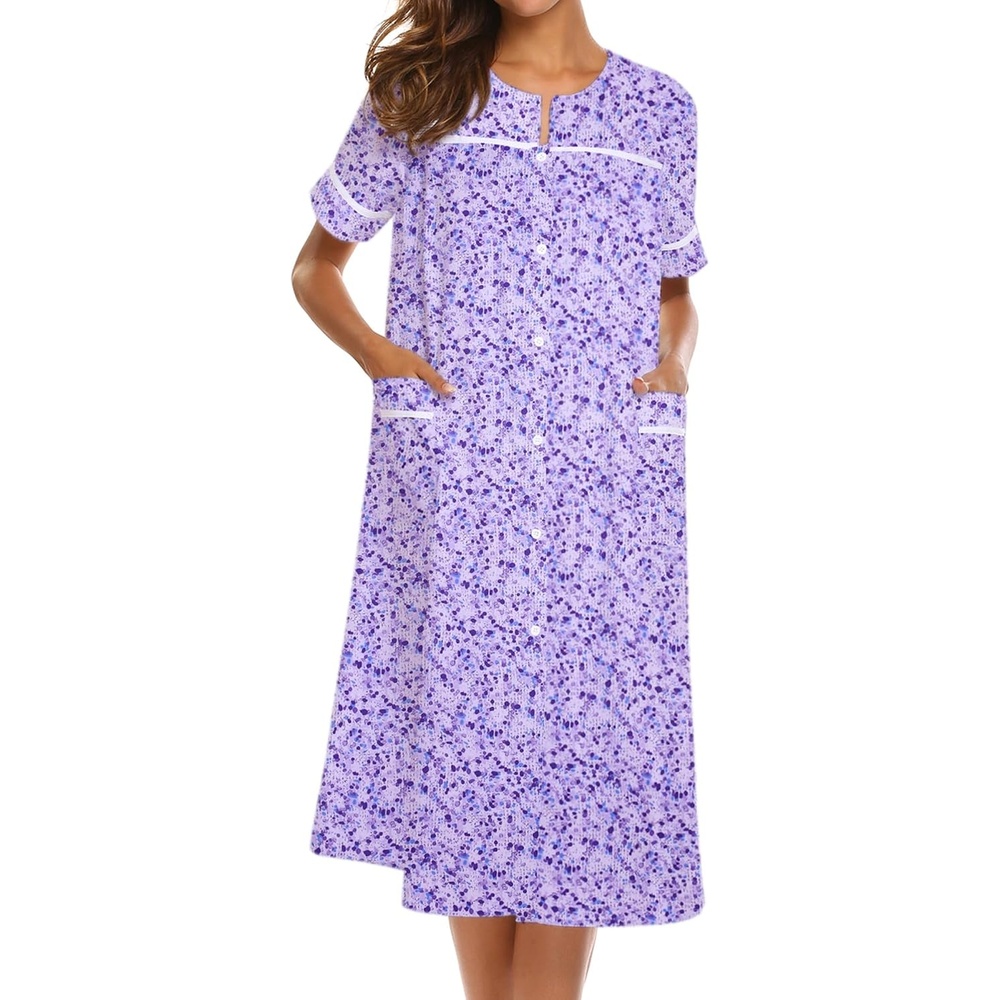 image:imageEkouaer House Dress for Women with Pockets Duster Button Down NightgownPurple Dots