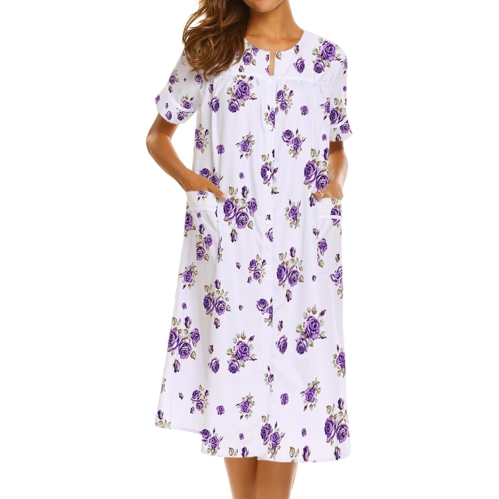 image:imageEkouaer House Dress for Women with Pockets Duster Button Down NightgownWhite Flower