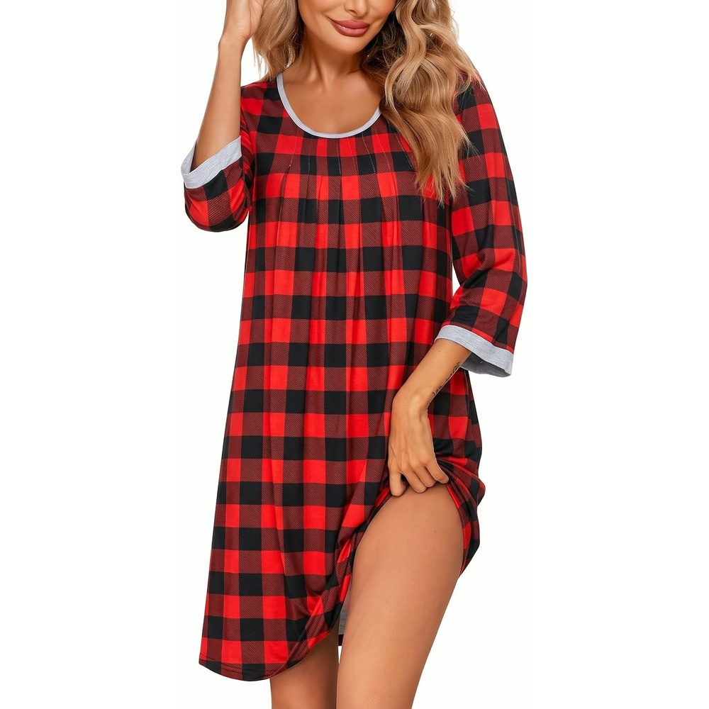 image:imageEkouaer Nightgowns for Women 34 Sleeve Nightgown Pleated SleepshirtsPlaid