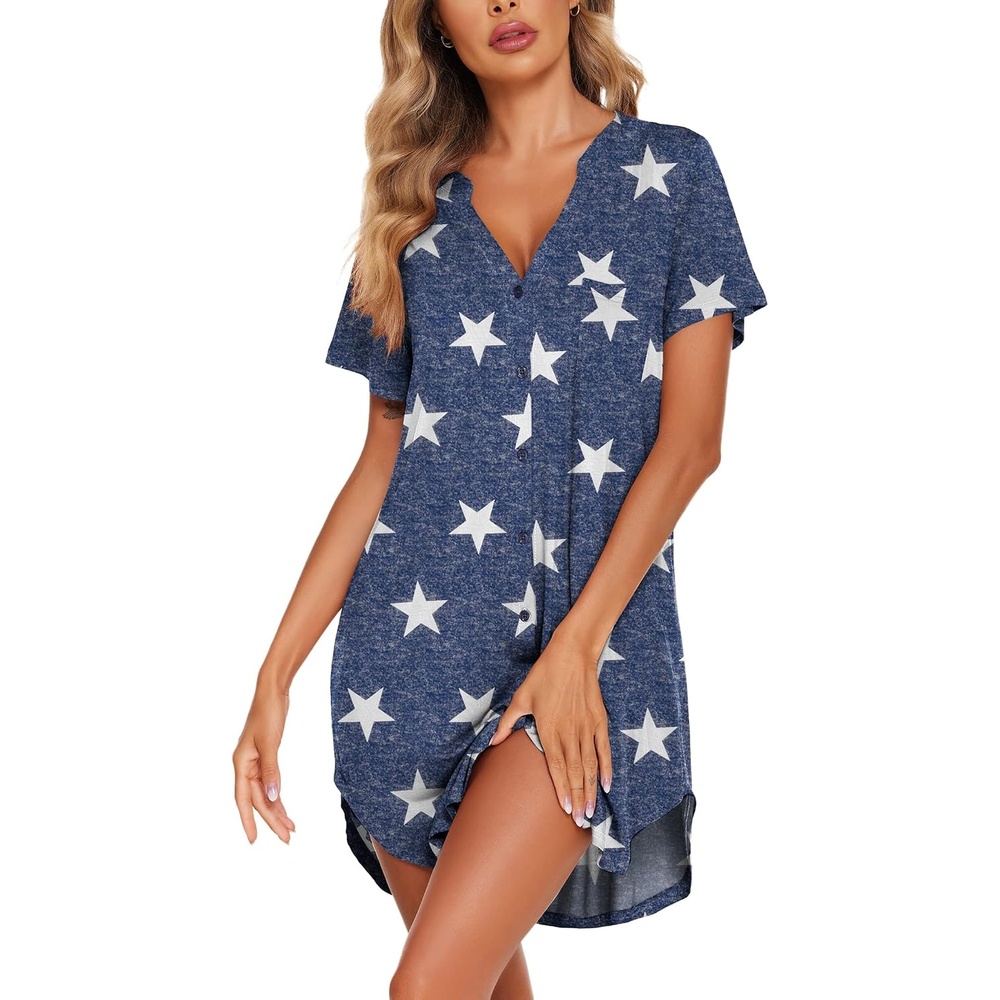 image:imageEkouaer Nightgowns for Women Button Down Night Gown Short Sleeve NightshirtPattern4star