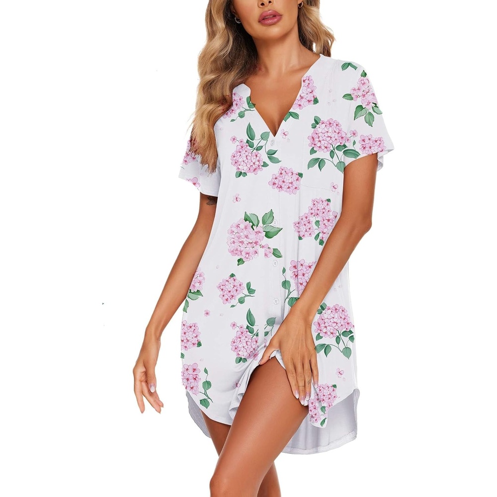 image:imageEkouaer Nightgowns for Women Button Down Night Gown Short Sleeve NightshirtPink Flower