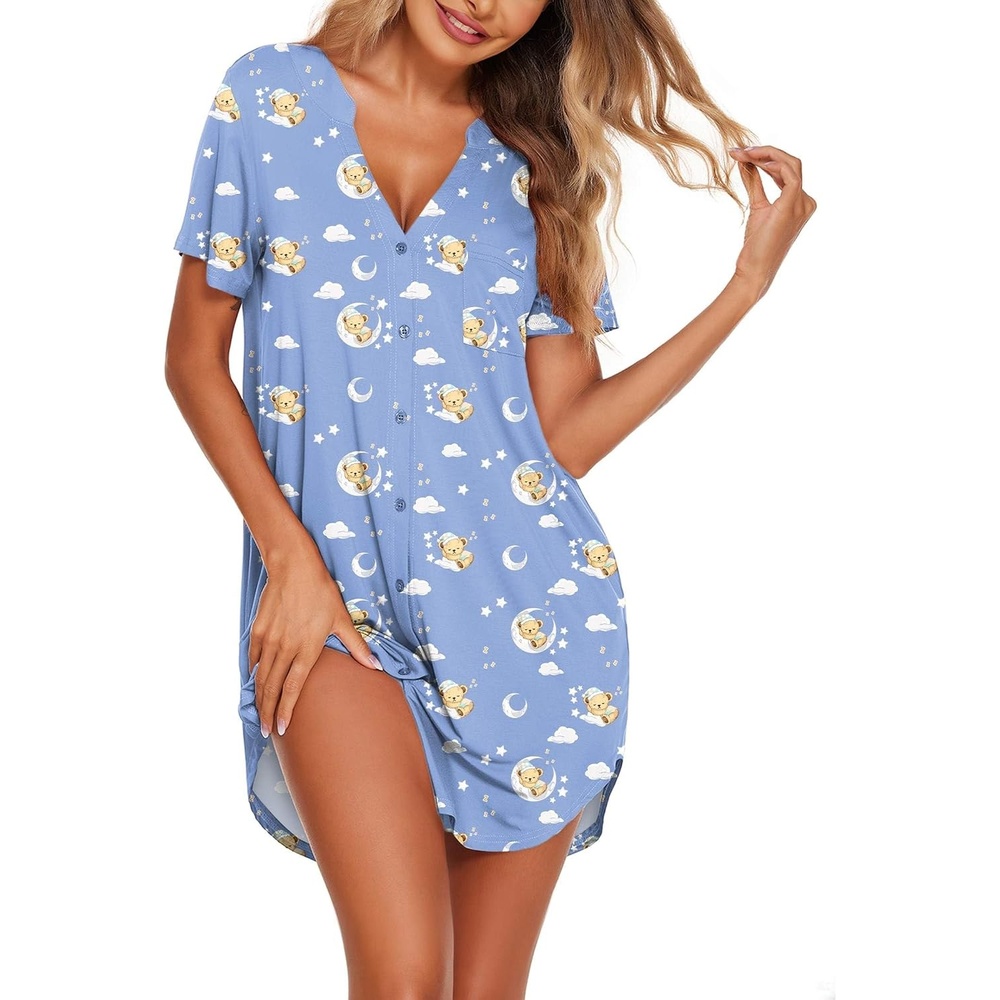 image:imageEkouaer Nightgowns for Women Button Down Night Gown Short Sleeve NightshirtTeddy Blue