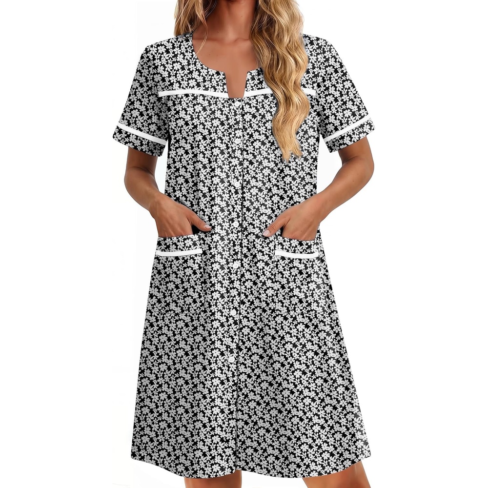 image:imageEkouaer Nightgowns for Women Cotton House Dress with Pockets Button DusterBlack White Flowers