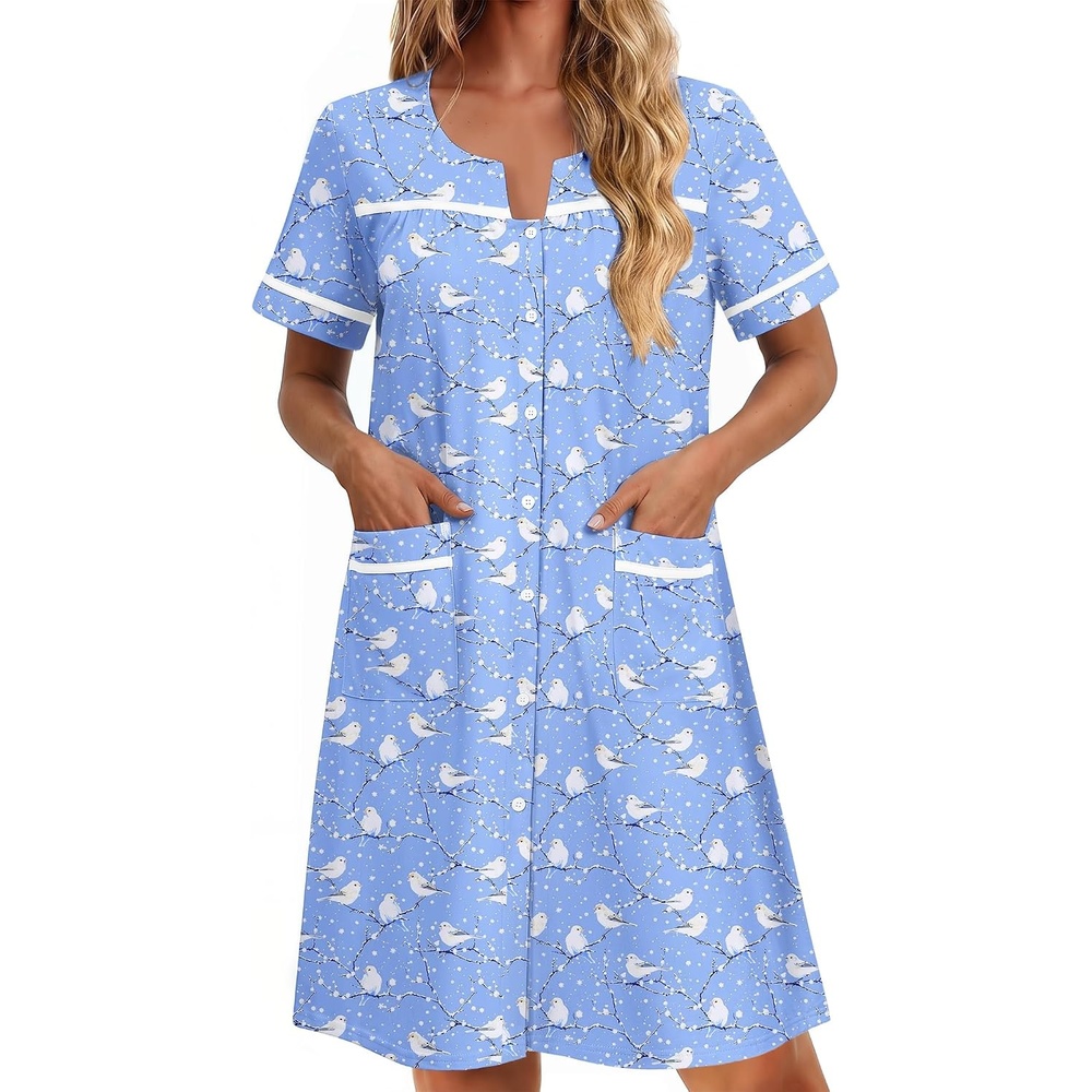 image:imageEkouaer Nightgowns for Women Cotton House Dress with Pockets Button DusterBlue Birds