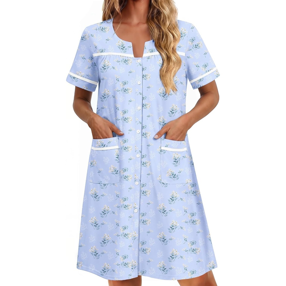 image:imageEkouaer Nightgowns for Women Cotton House Dress with Pockets Button DusterBlue Flowers