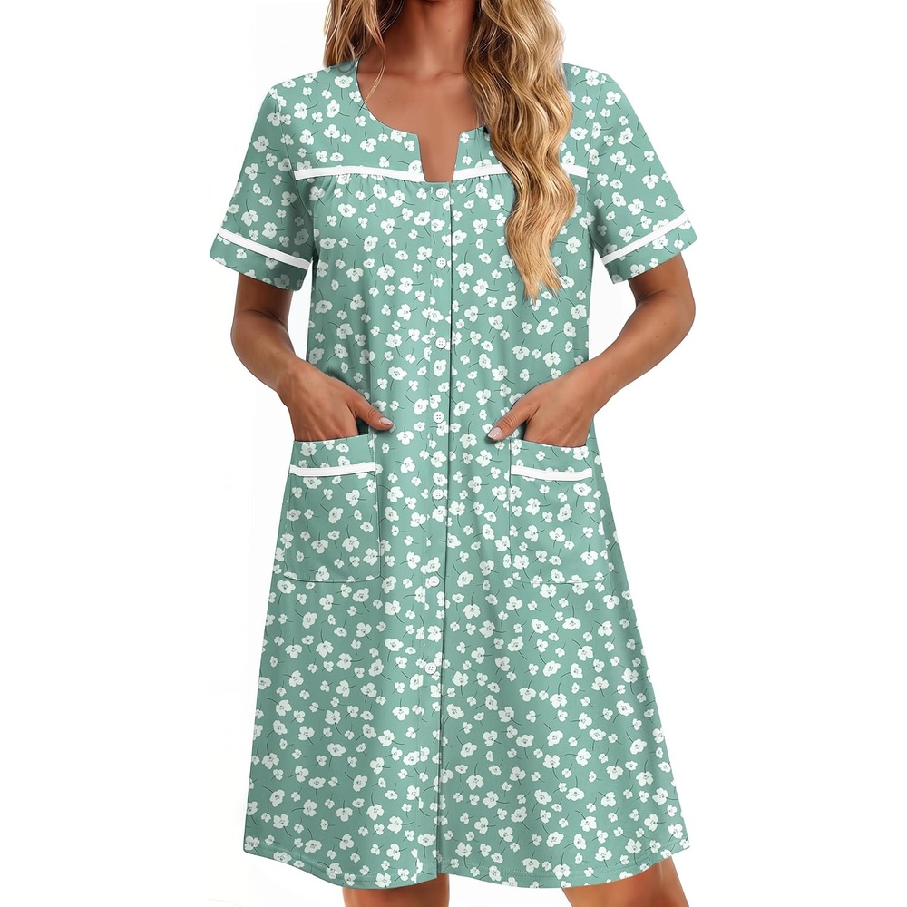 image:imageEkouaer Nightgowns for Women Cotton House Dress with Pockets Button DusterGreen White Florals