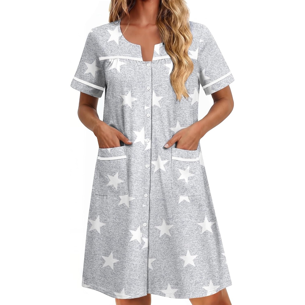 image:imageEkouaer Nightgowns for Women Cotton House Dress with Pockets Button DusterGrey Stars