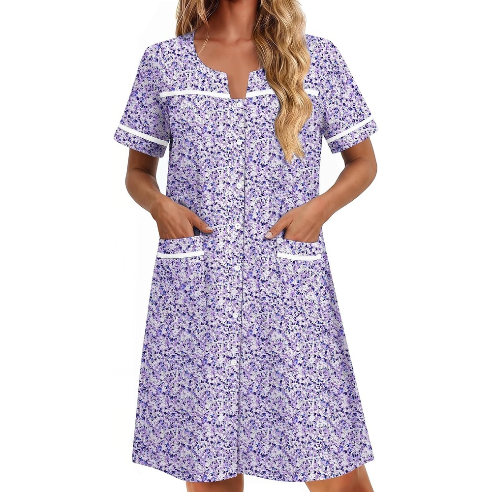 image:imageEkouaer Nightgowns for Women Cotton House Dress with Pockets Button DusterPurple Dots
